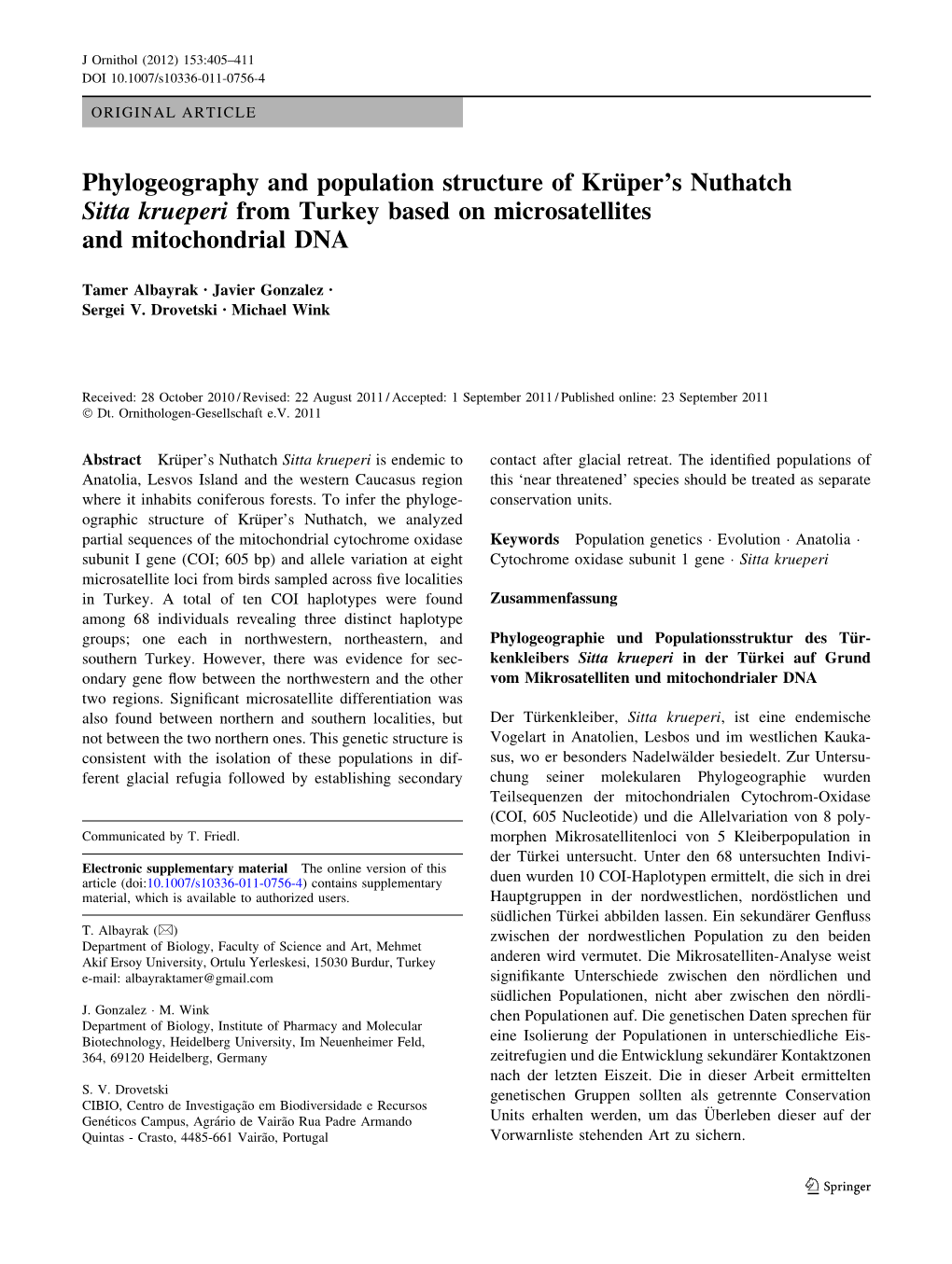 Phylogeography and Population Structure of Kru¨Per's Nuthatch Sitta