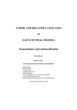 Tarok and Related Languages of East-Central Nigeria