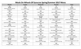 Meals on Wheels of Syracuse Spring/Summer 2017 Menu