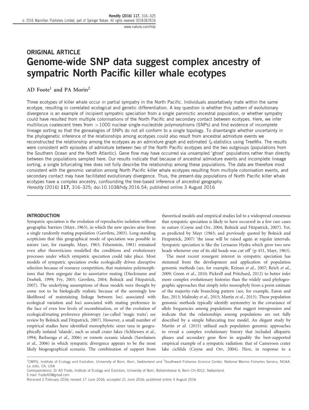 Genome-Wide SNP Data Suggest Complex Ancestry of Sympatric North Paciﬁc Killer Whale Ecotypes