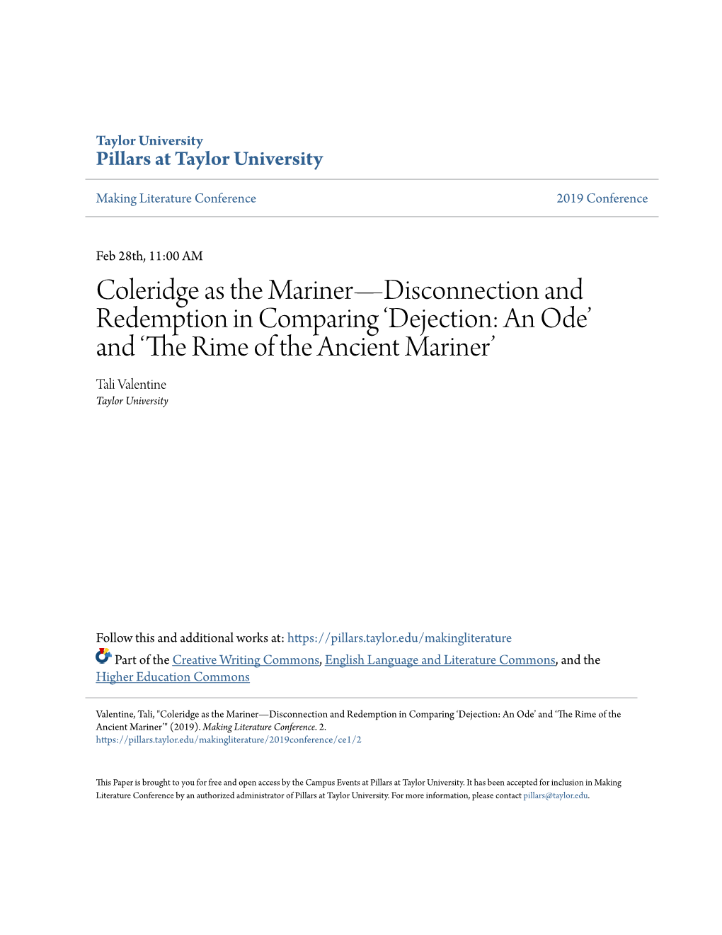 Coleridge As the Marinerâ•Fldisconnection and Redemption In