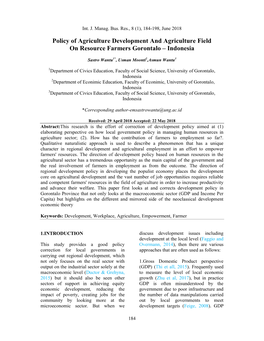 Policy of Agriculture Development and Agriculture Field on Resource Farmers Gorontalo – Indonesia