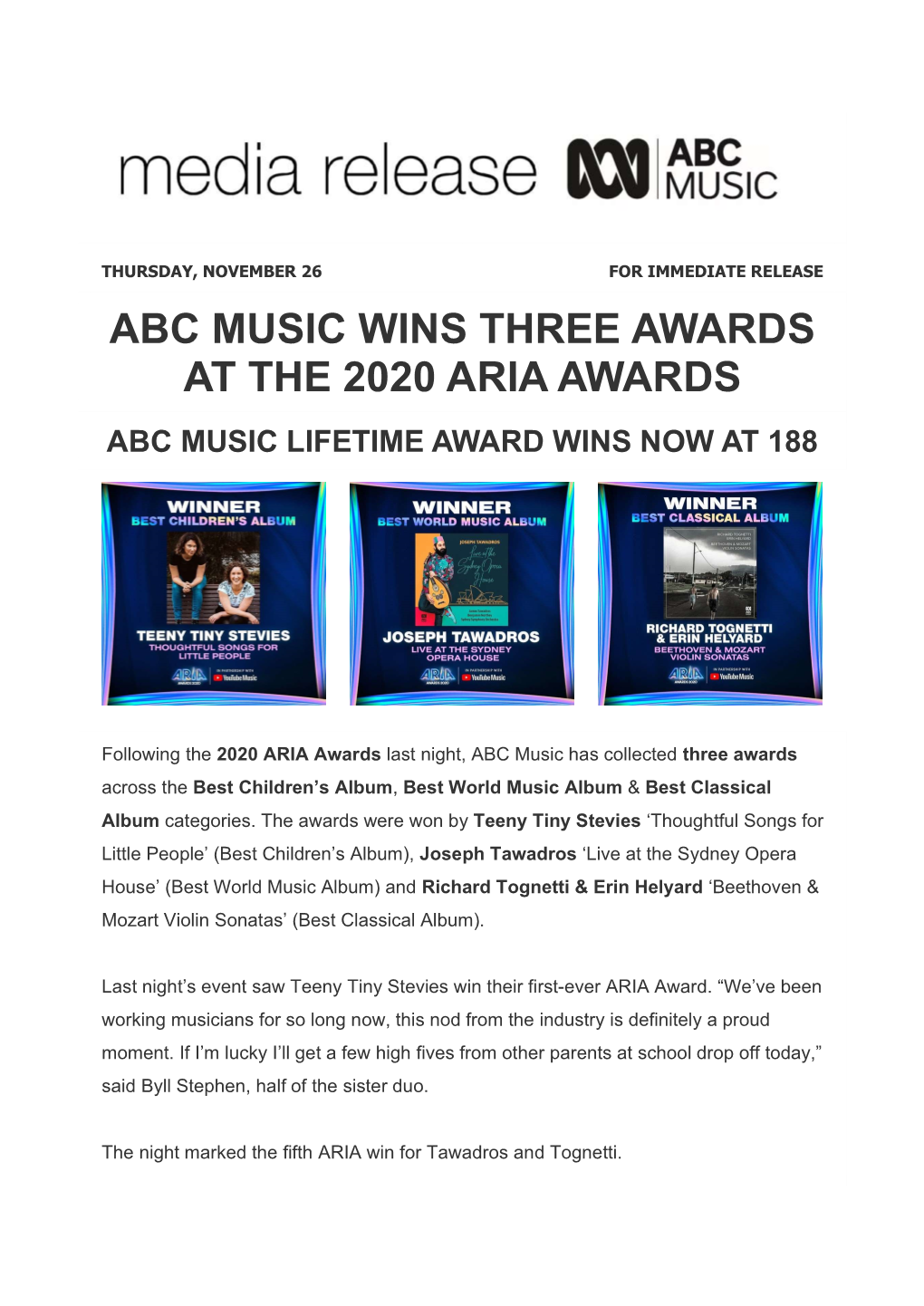 Abc Music Wins Three Awards at the 2020 Aria Awards Abc Music Lifetime Award Wins Now at 188