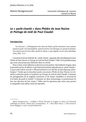 Le « Parlé-Chanté » Dans Phèdre De Jean Racine Et Partage De Midi De Paul Claudel