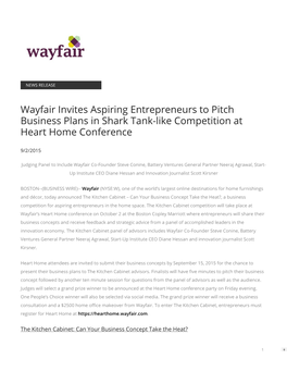 Wayfair Invites Aspiring Entrepreneurs to Pitch Business Plans in Shark Tank-Like Competition at Heart Home Conference