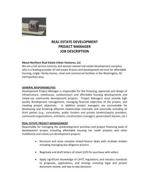 Real Estate Development Project Manager Job Description