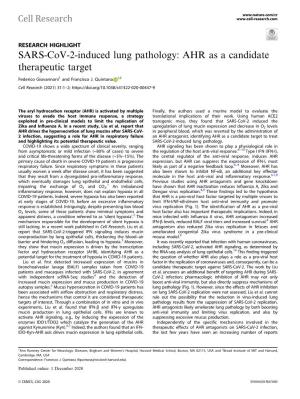 SARS-Cov-2-Induced Lung Pathology: AHR As a Candidate Therapeutic Target