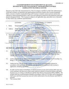 Dwmrc-03 Utah Department of Environmental Quality Division of Waste Management and Radiation Control Radioactive Material License