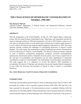 The Challenges of Democratic Consolidation in Nigeria, 1999-2007