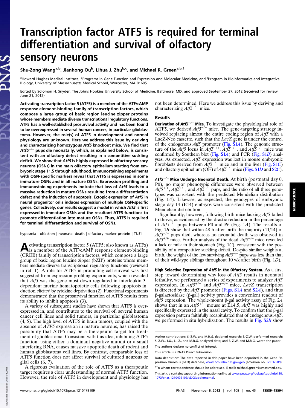 Transcription Factor ATF5 Is Required for Terminal Differentiation and Survival of Olfactory Sensory Neurons