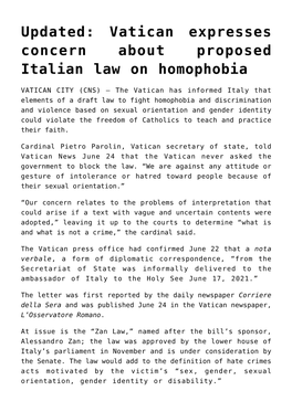 Updated: Vatican Expresses Concern About Proposed Italian Law on Homophobia