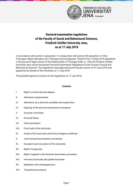 Doctoral Examination Regulations of the Faculty of Social and Behavioural Sciences, Friedrich Schiller University Jena, As at 17 July 2018