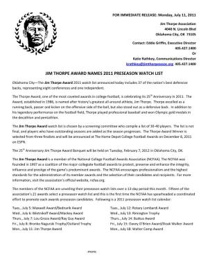 Jim Thorpe Award Names 2011 Preseason Watch List