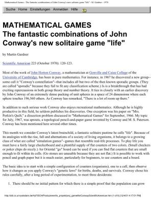 The Fantastic Combinations of John Conway's New Solitaire Game "Life" - M