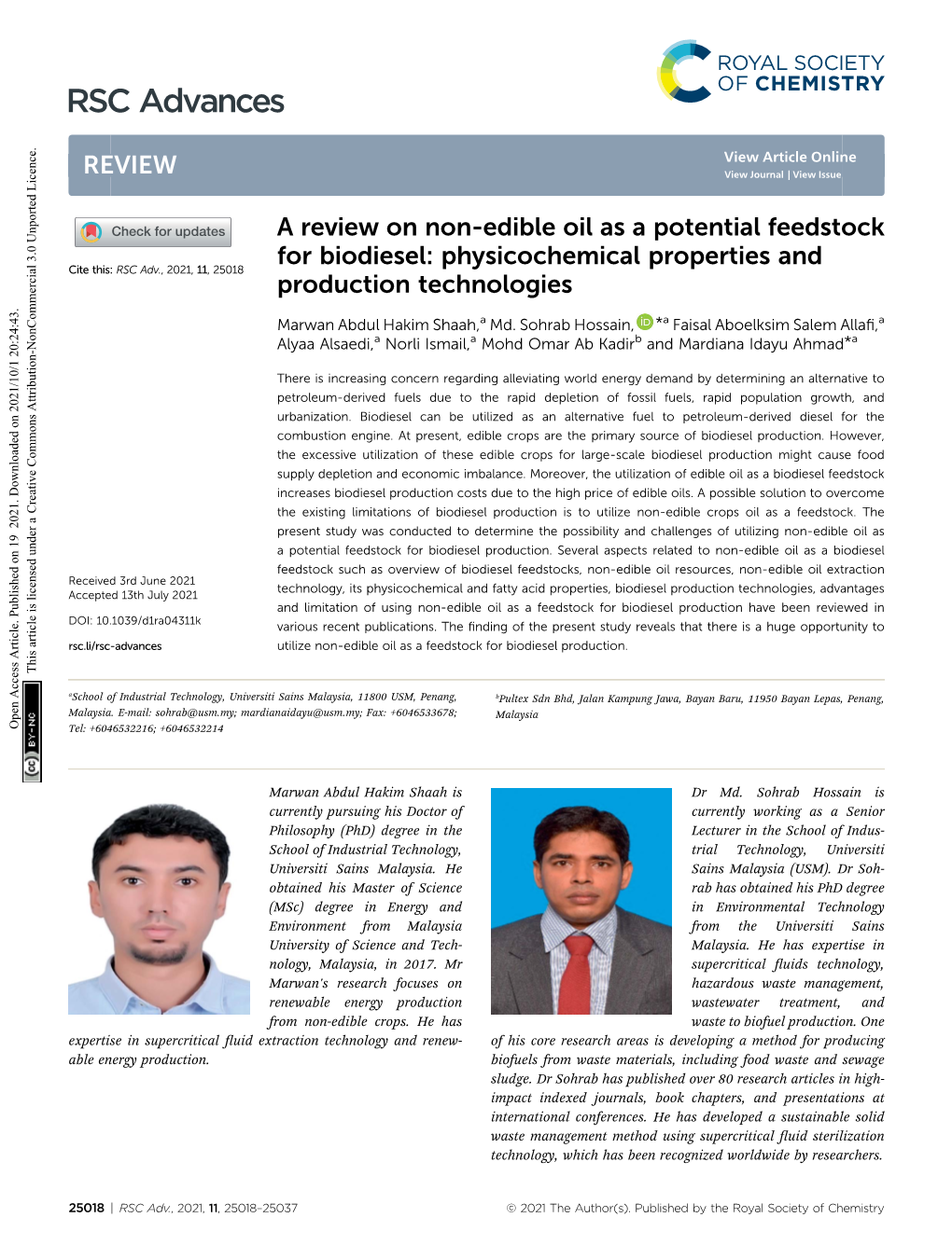 A Review on Non-Edible Oil As a Potential Feedstock for Biodiesel: Physicochemical Properties and Cite This: RSC Adv.,2021,11,25018 Production Technologies