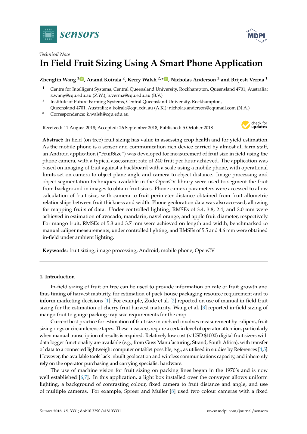 In Field Fruit Sizing Using a Smart Phone Application