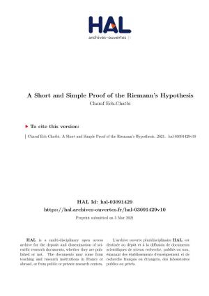 A Short and Simple Proof of the Riemann's Hypothesis