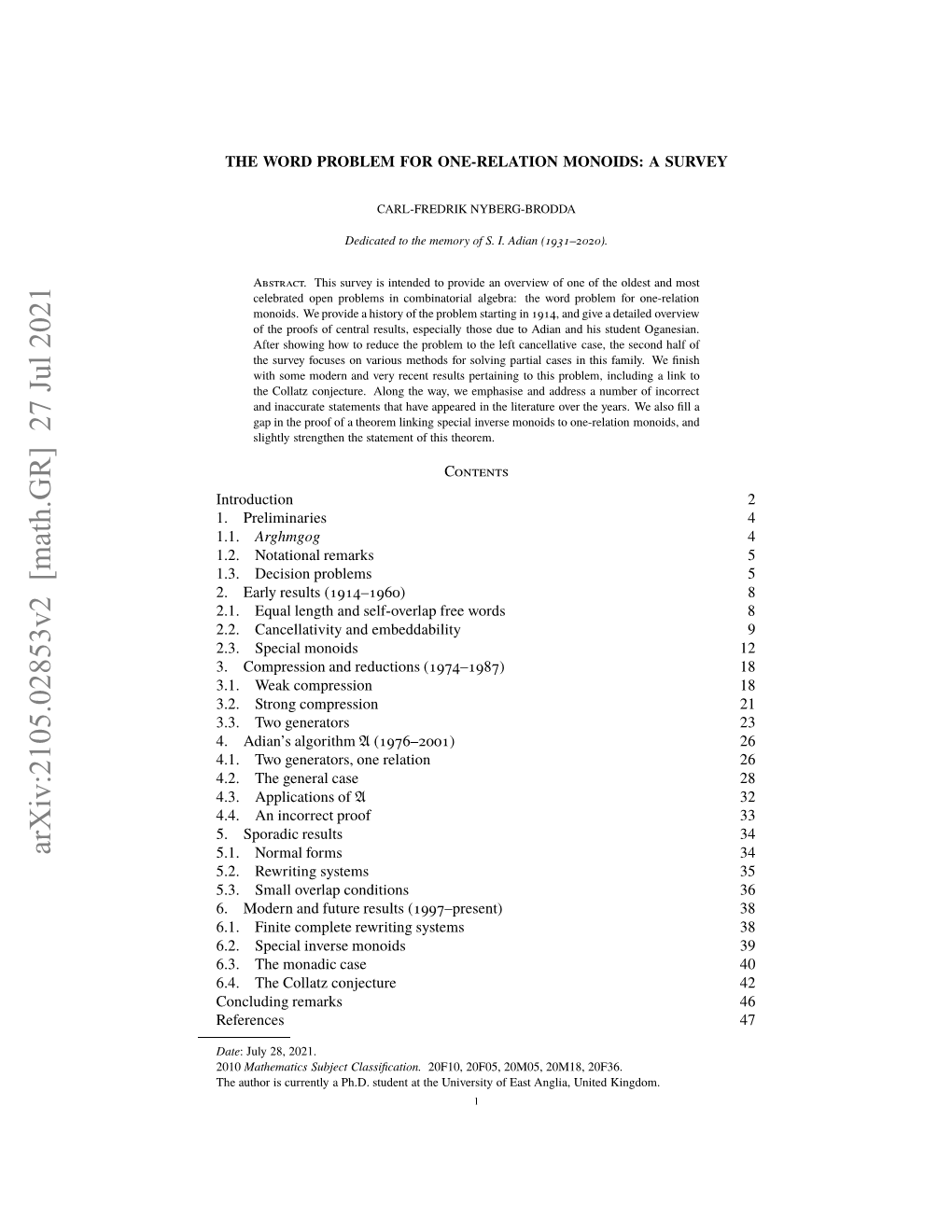 Arxiv:2105.02853V2 [Math.GR] 27 Jul 2021 H Uhri Urnl Hd Tdn Tteuiest Fe of University the at Student Ph.D