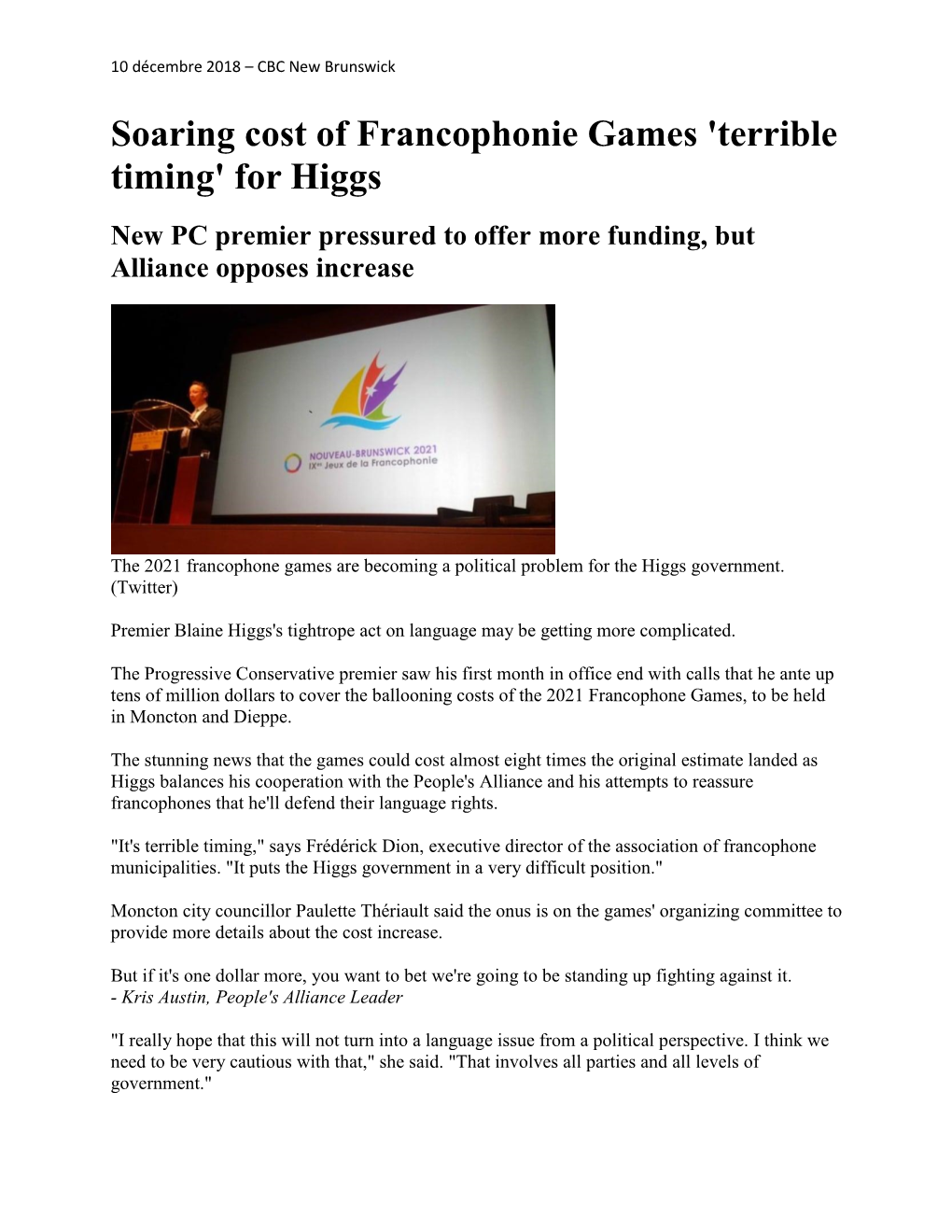 Soaring Cost of Francophonie Games 'Terrible Timing' for Higgs New PC Premier Pressured to Offer More Funding, but Alliance Opposes Increase