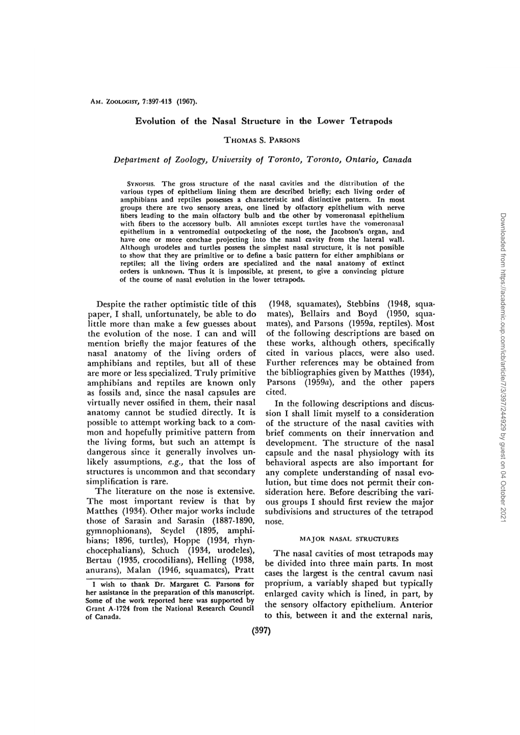 Evolution of the Nasal Structure in the Lower Tetrapods