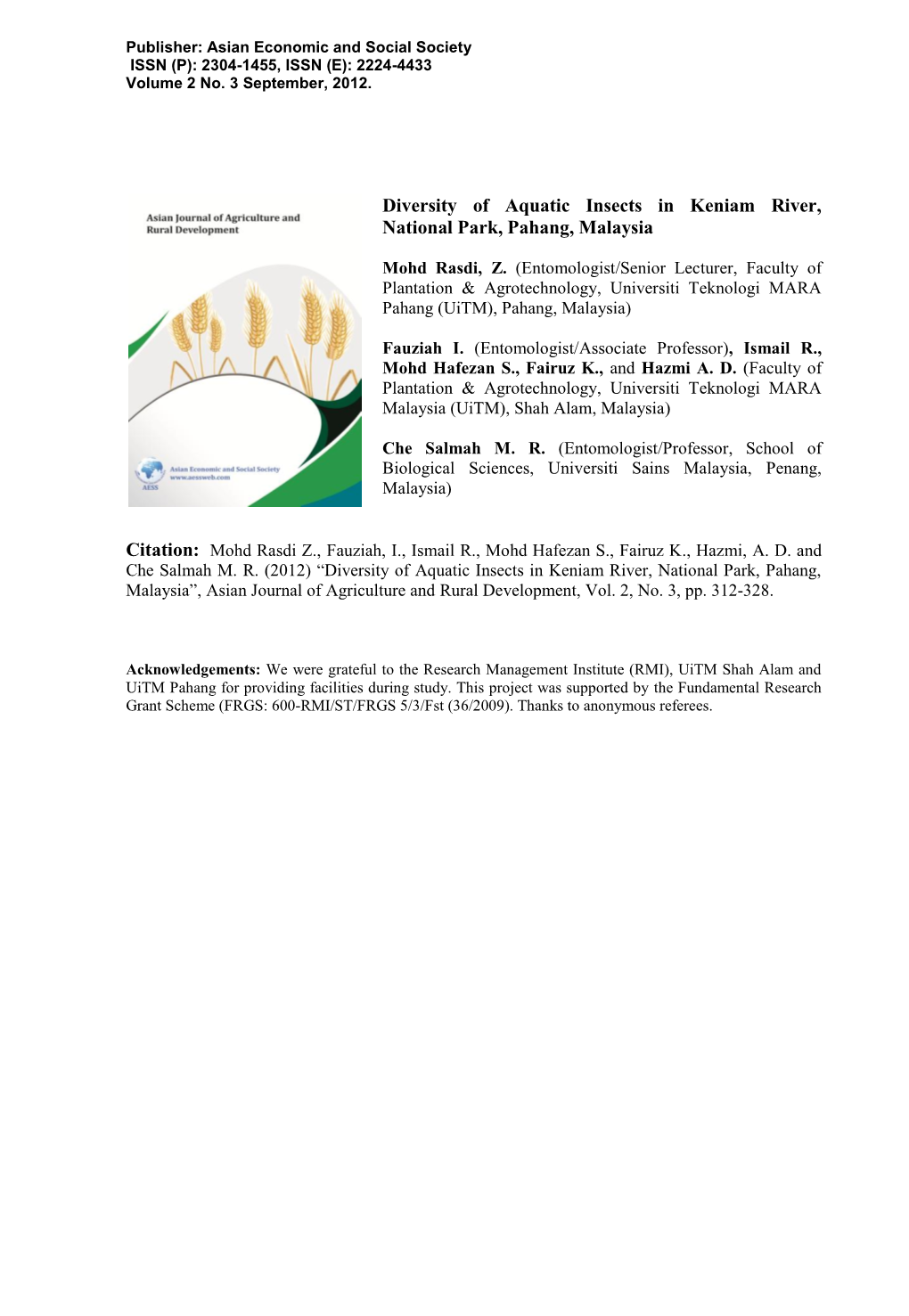 Diversity of Aquatic Insects in Keniam River, National Park, Pahang, Malaysia