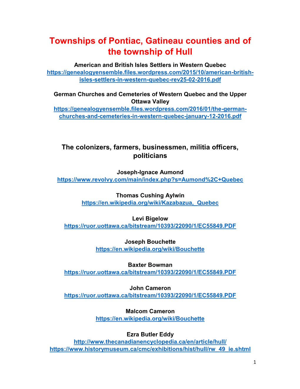 Townships of Pontiac, Gatineau Counties and of the Township of Hull