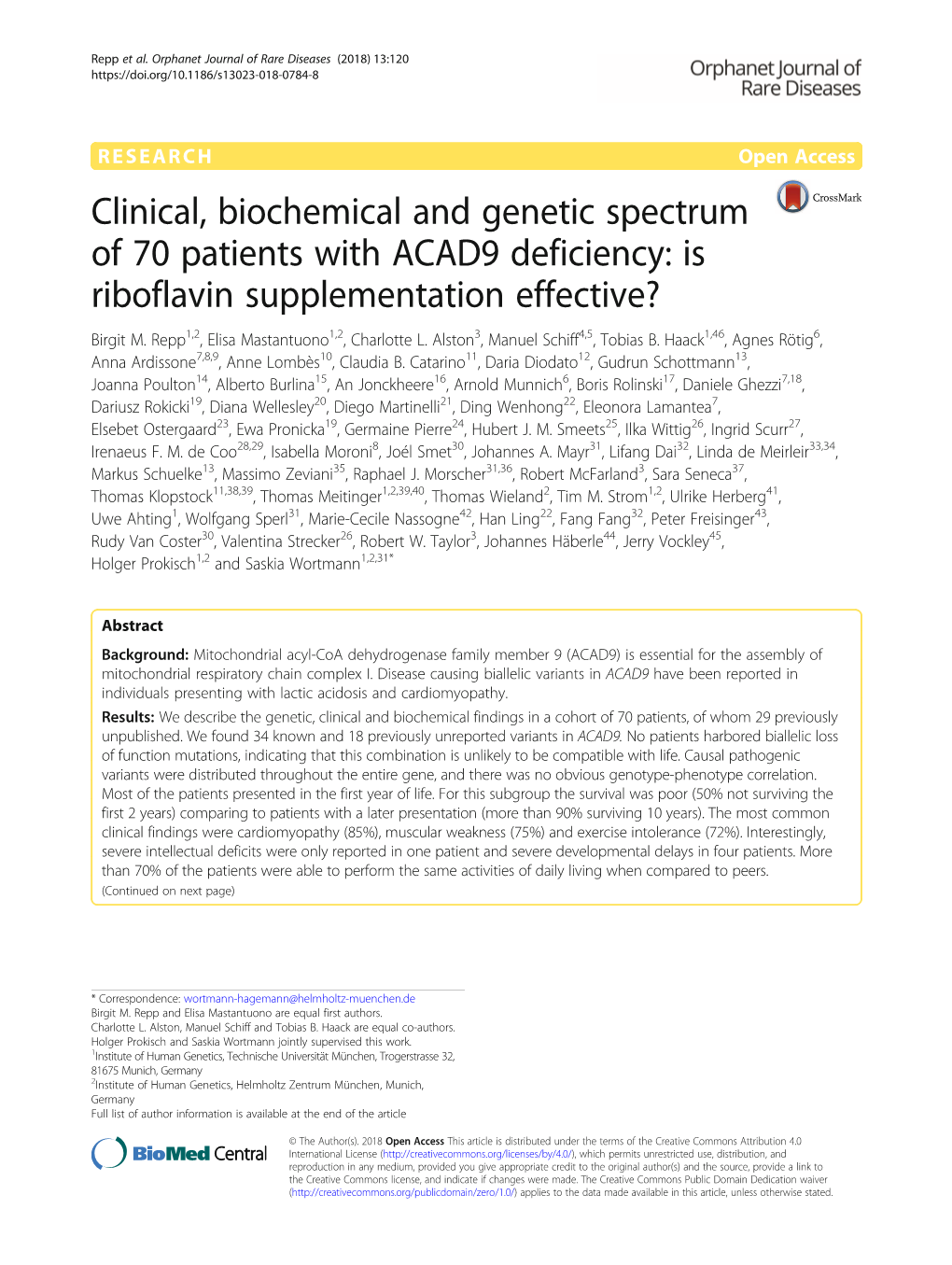 Clinical, Biochemical and Genetic Spectrum of 70 Patients with ACAD9 Deficiency: Is Riboflavin Supplementation Effective? Birgit M