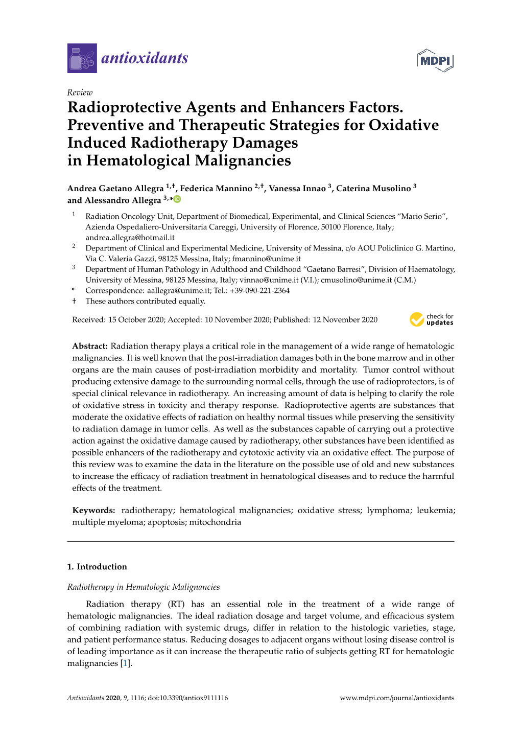 Radioprotective Agents and Enhancers Factors. Preventive and Therapeutic Strategies for Oxidative Induced Radiotherapy Damages in Hematological Malignancies