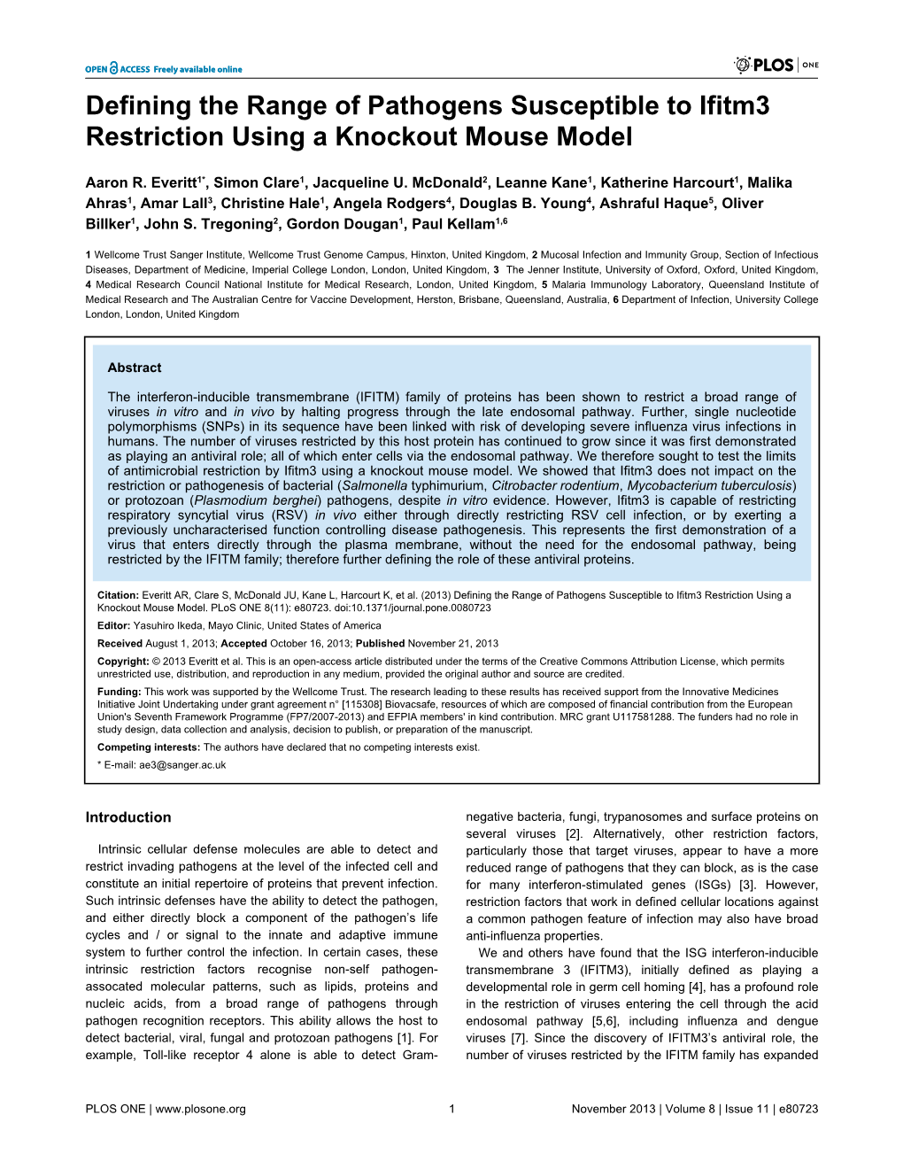 Defining the Range of Pathogens Susceptible to Ifitm3 Restriction Using a Knockout Mouse Model