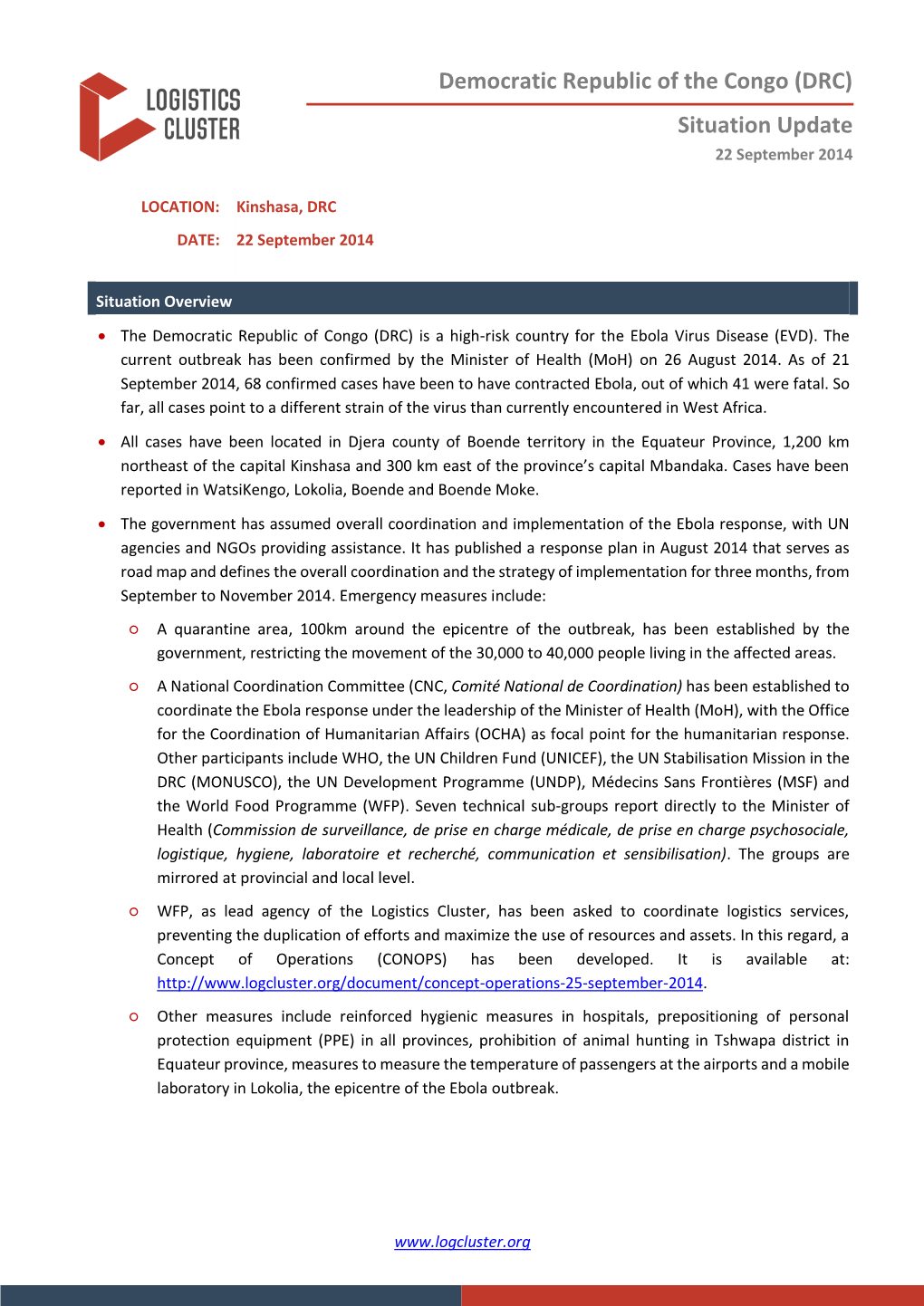 Democratic Republic of the Congo (DRC) Situation Update 22 September 2014