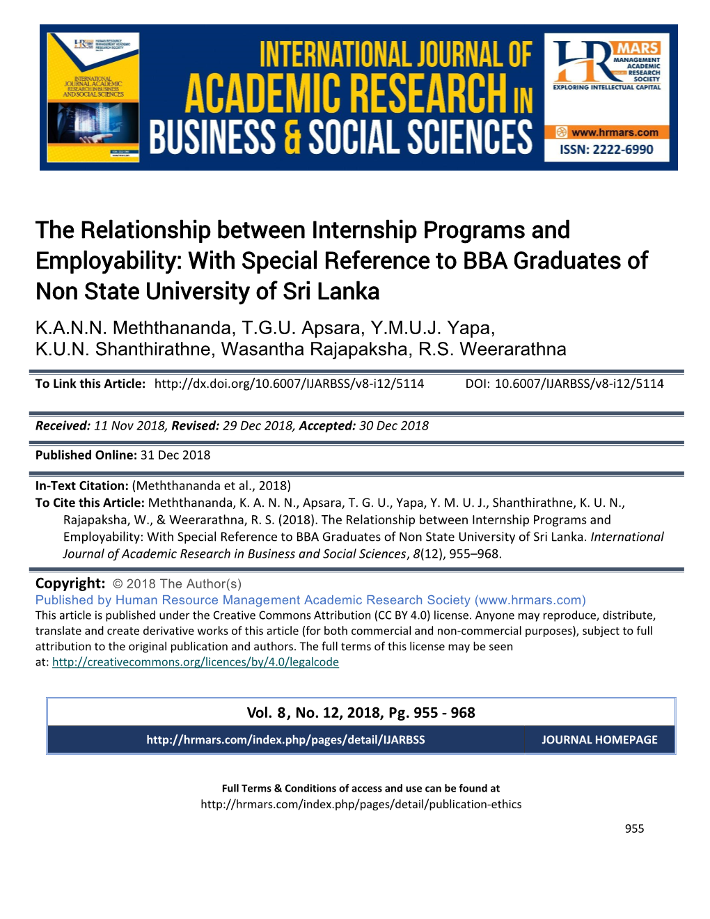 The Relationship Between Internship Programs and Employability: with Special Reference to BBA Graduates of Non State University of Sri Lanka