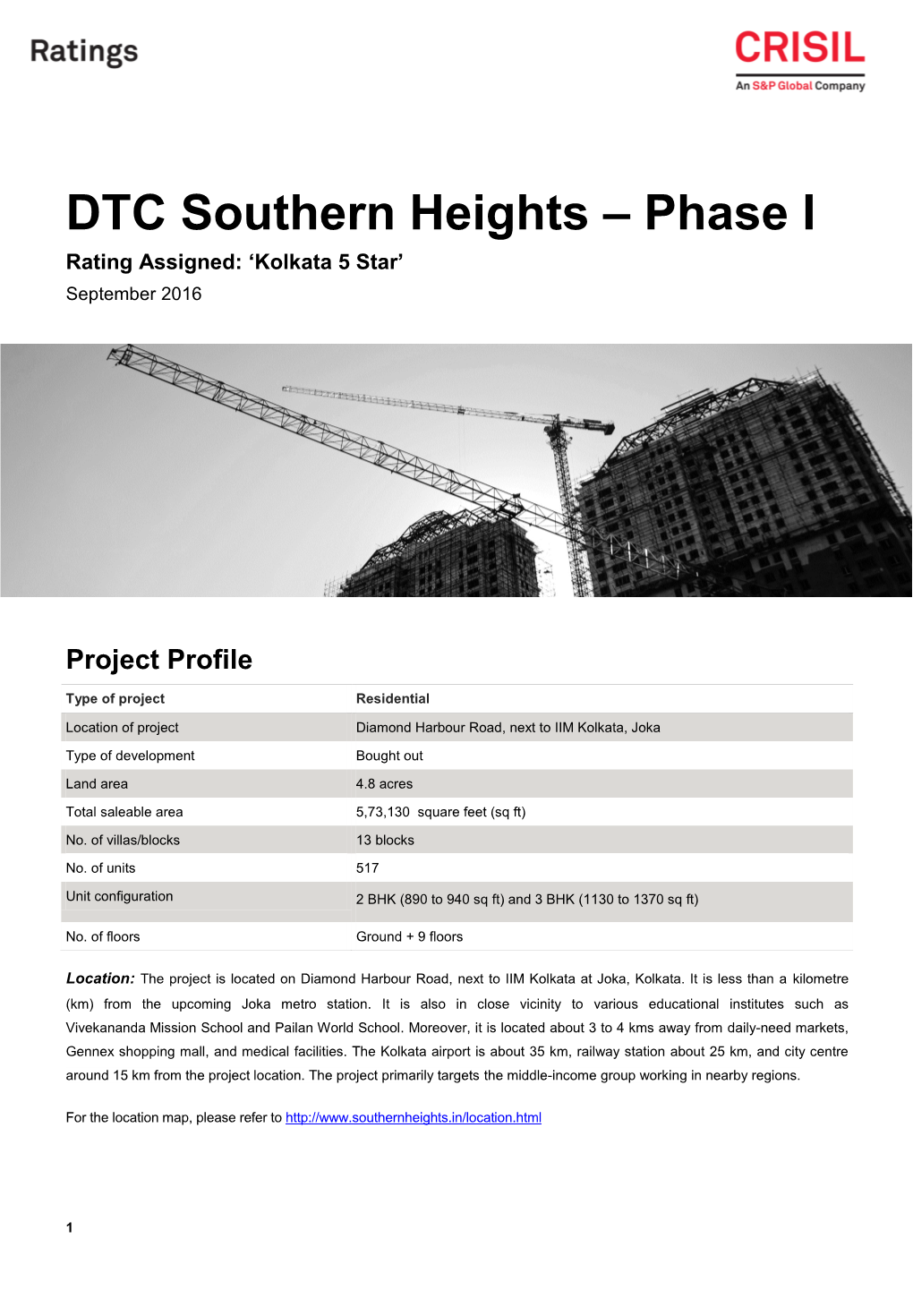 DTC Southern Heights – Phase I Rating Assigned: ‘Kolkata 5 Star’ September 2016