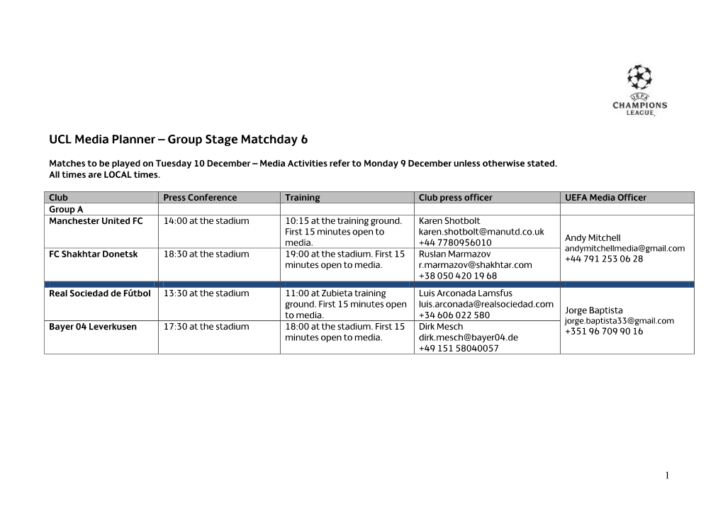 2013/14 UEFA Champions League Matchday Six Media Planner