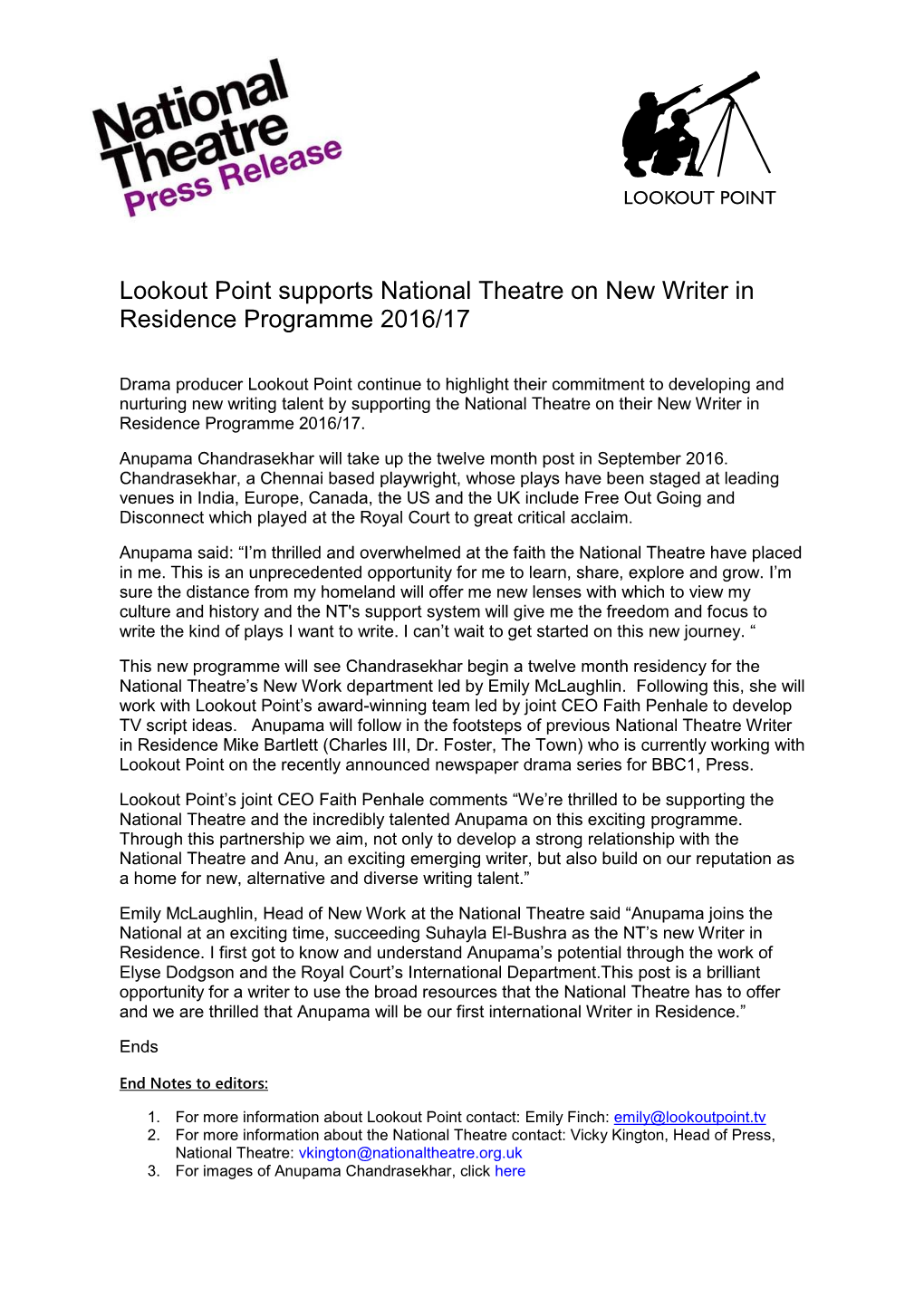 Lookout Point Supports National Theatre on New Writer in Residence Programme 2016/17