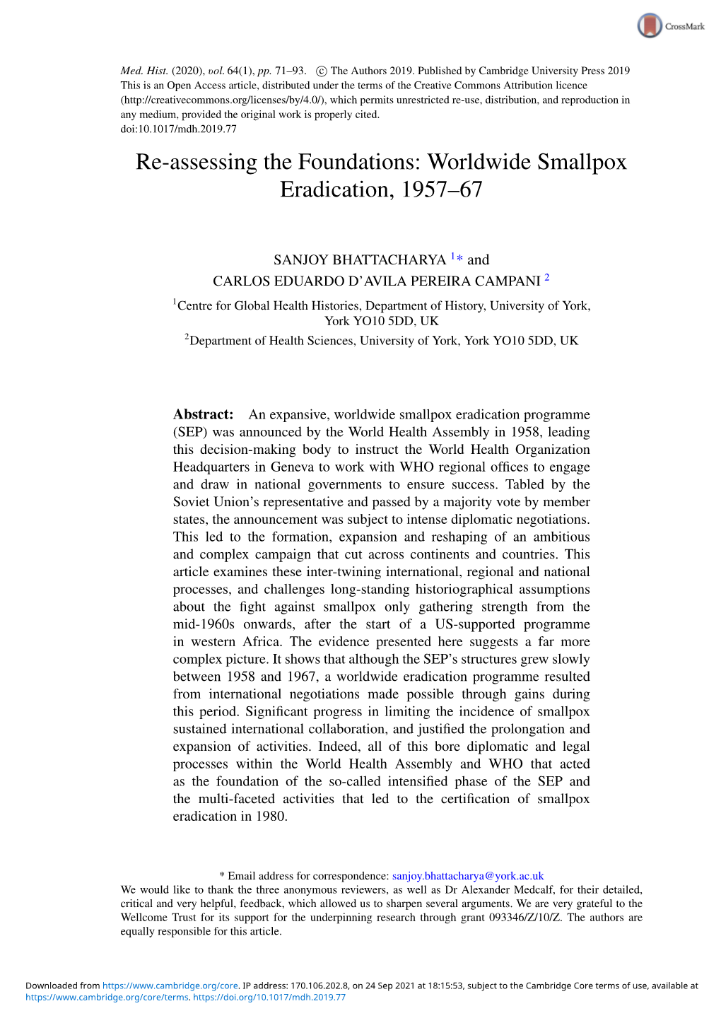 Worldwide Smallpox Eradication, 1957–67