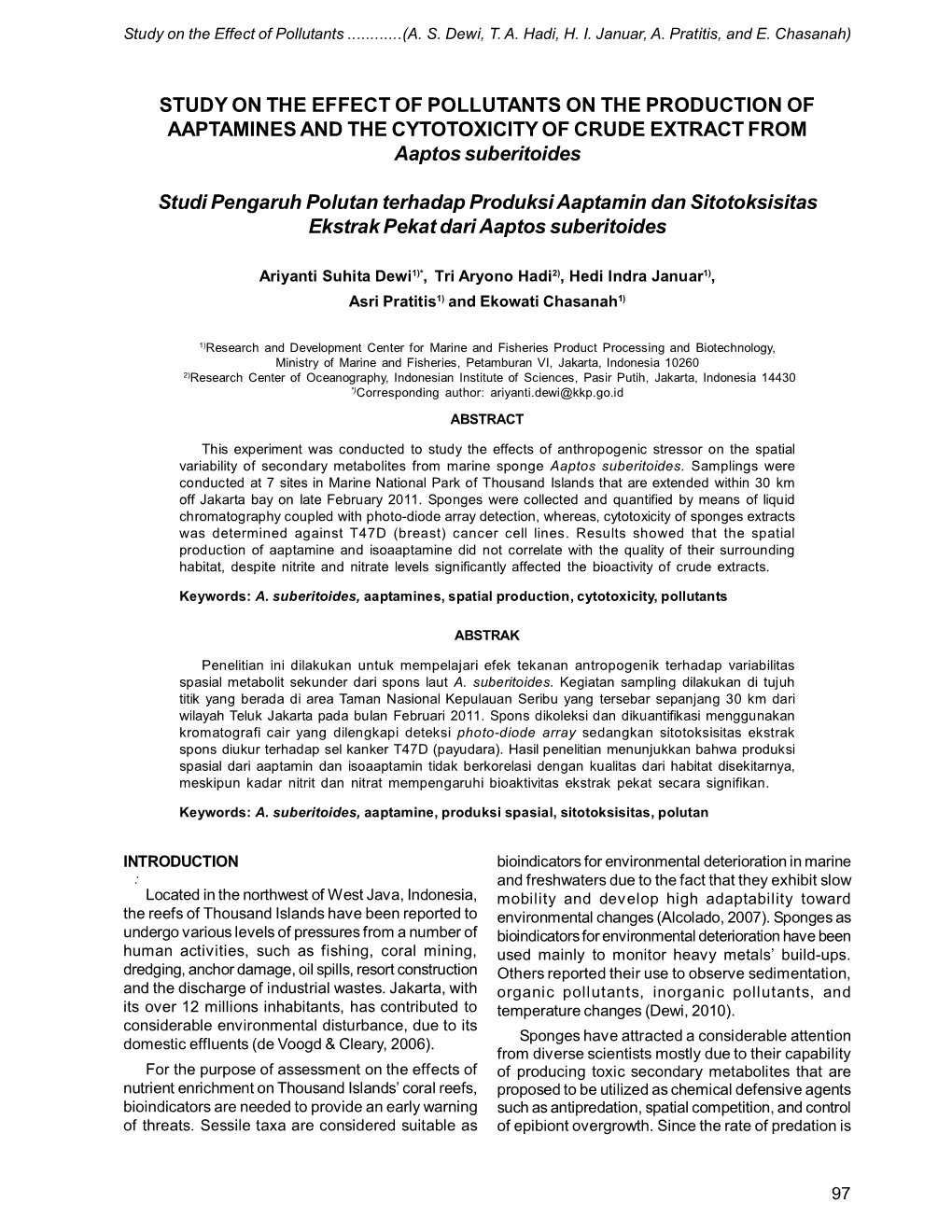 STUDY on the EFFECT of POLLUTANTS on the PRODUCTION of AAPTAMINES and the CYTOTOXICITY of CRUDE EXTRACT from Aaptos Suberitoides