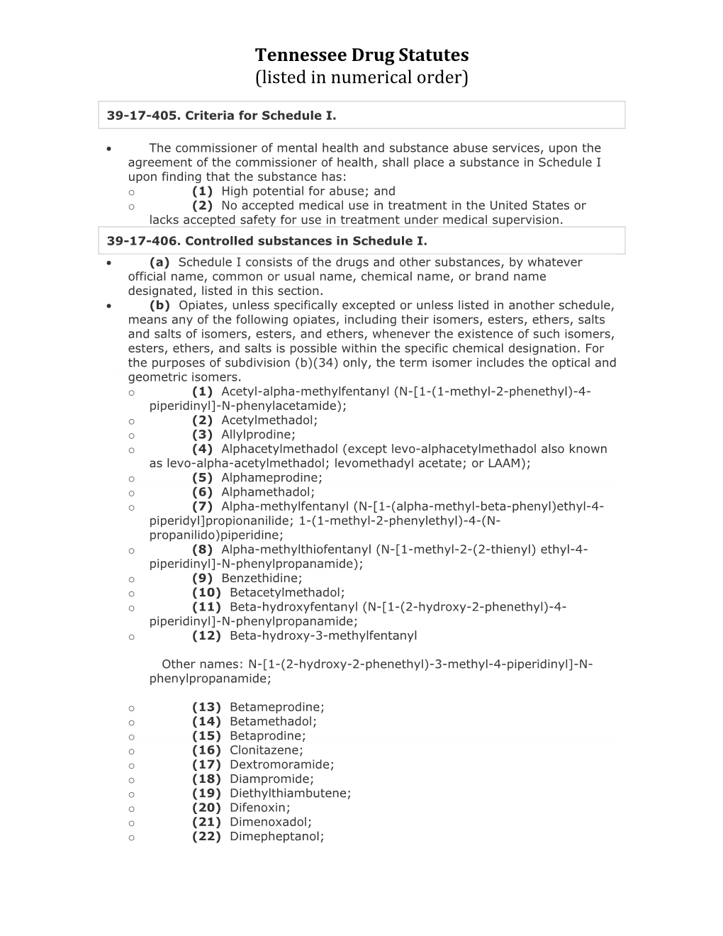 Tennessee Drug Statutes (Listed in Numerical Order)