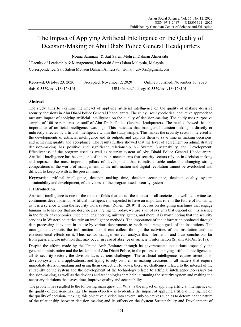 The Impact of Applying Artificial Intelligence on the Quality of Decision-Making of Abu Dhabi Police General Headquarters