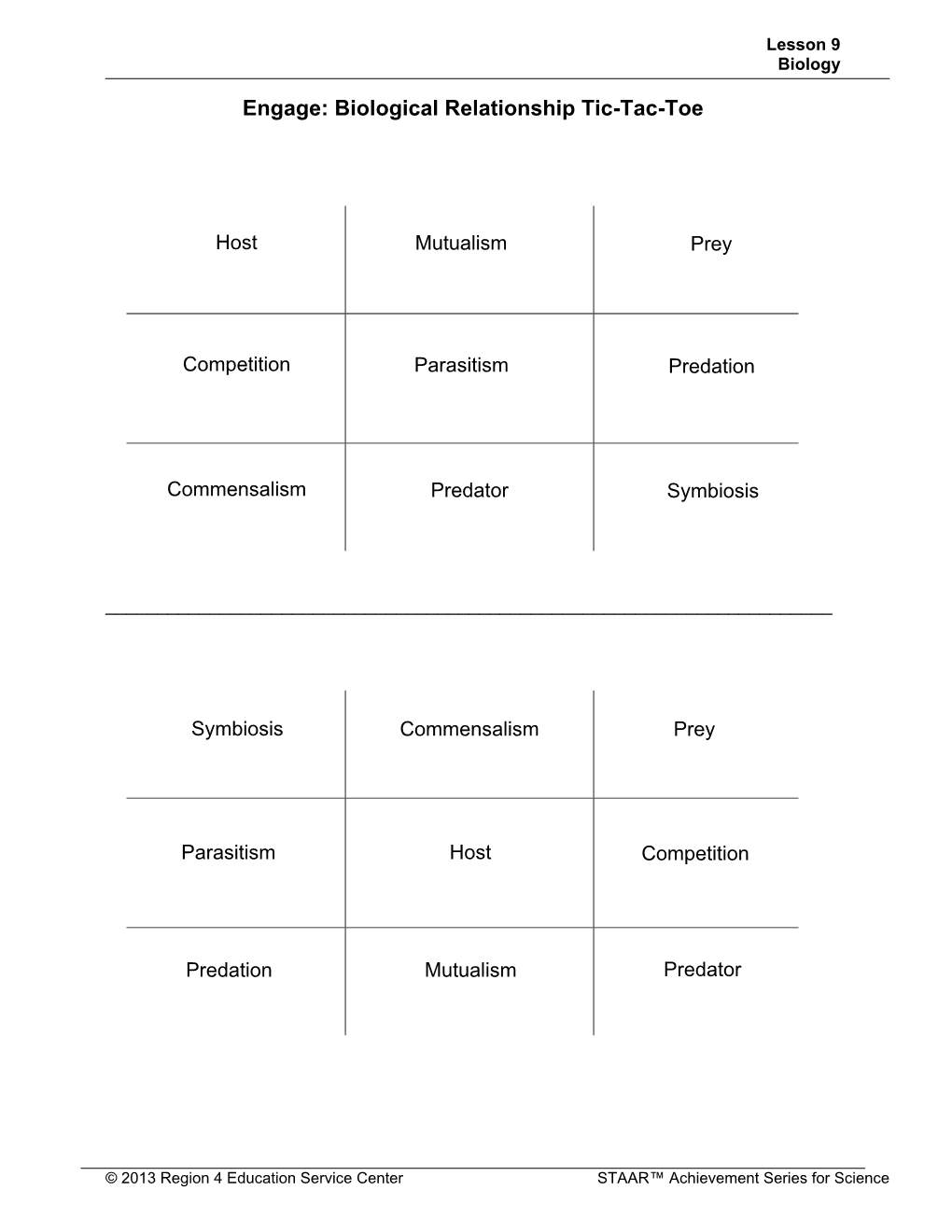 Engage: Biological Relationship Tic-Tac-Toe