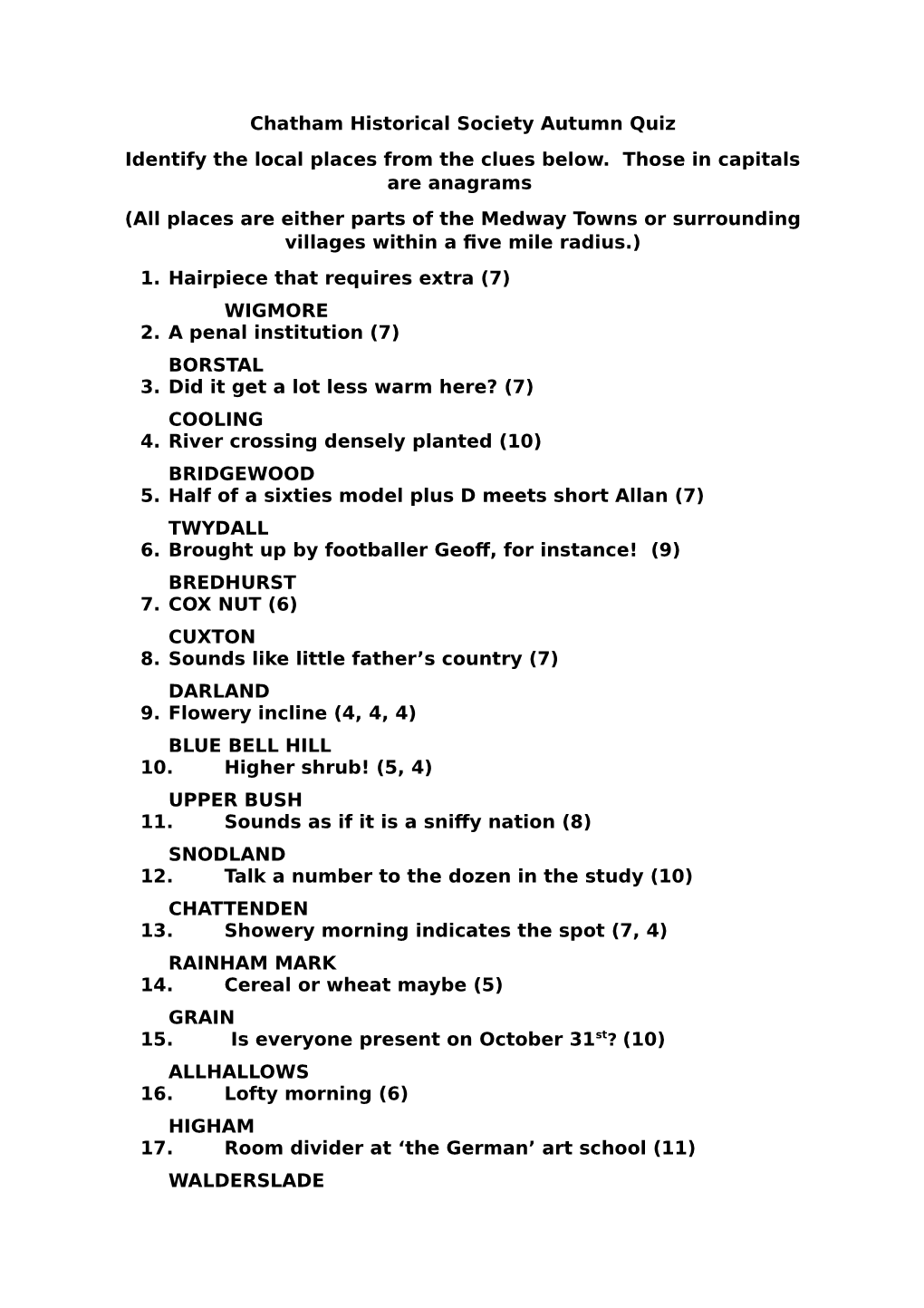 Chatham Historical Society Autumn Quiz Identify the Local Places from the Clues Below