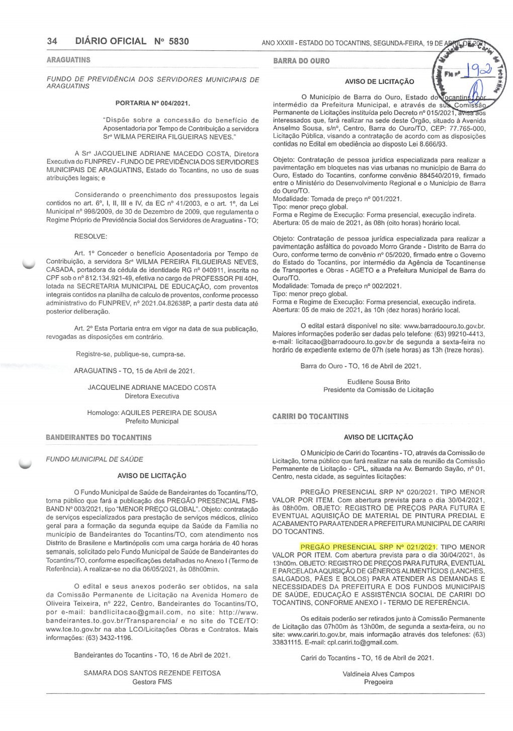 34 DIÁRIO OFICIAL N« 5830 Intermédio Da Prefeitura Municipal, E Através De Ss^On^?