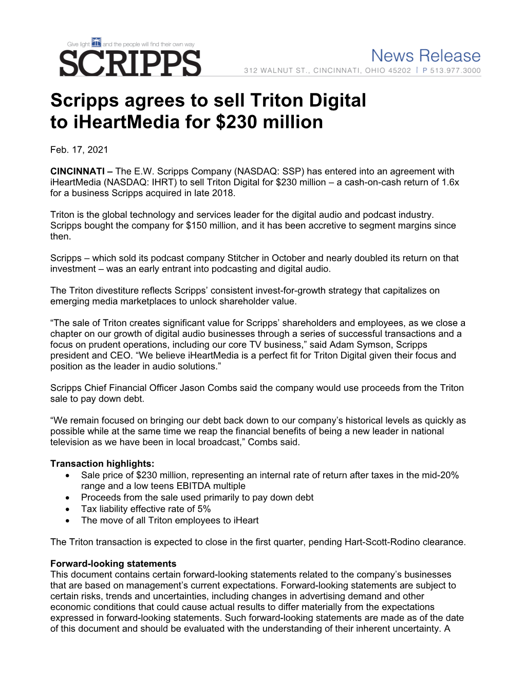 Scripps Agrees to Sell Triton Digital to Iheartmedia for $230 Million