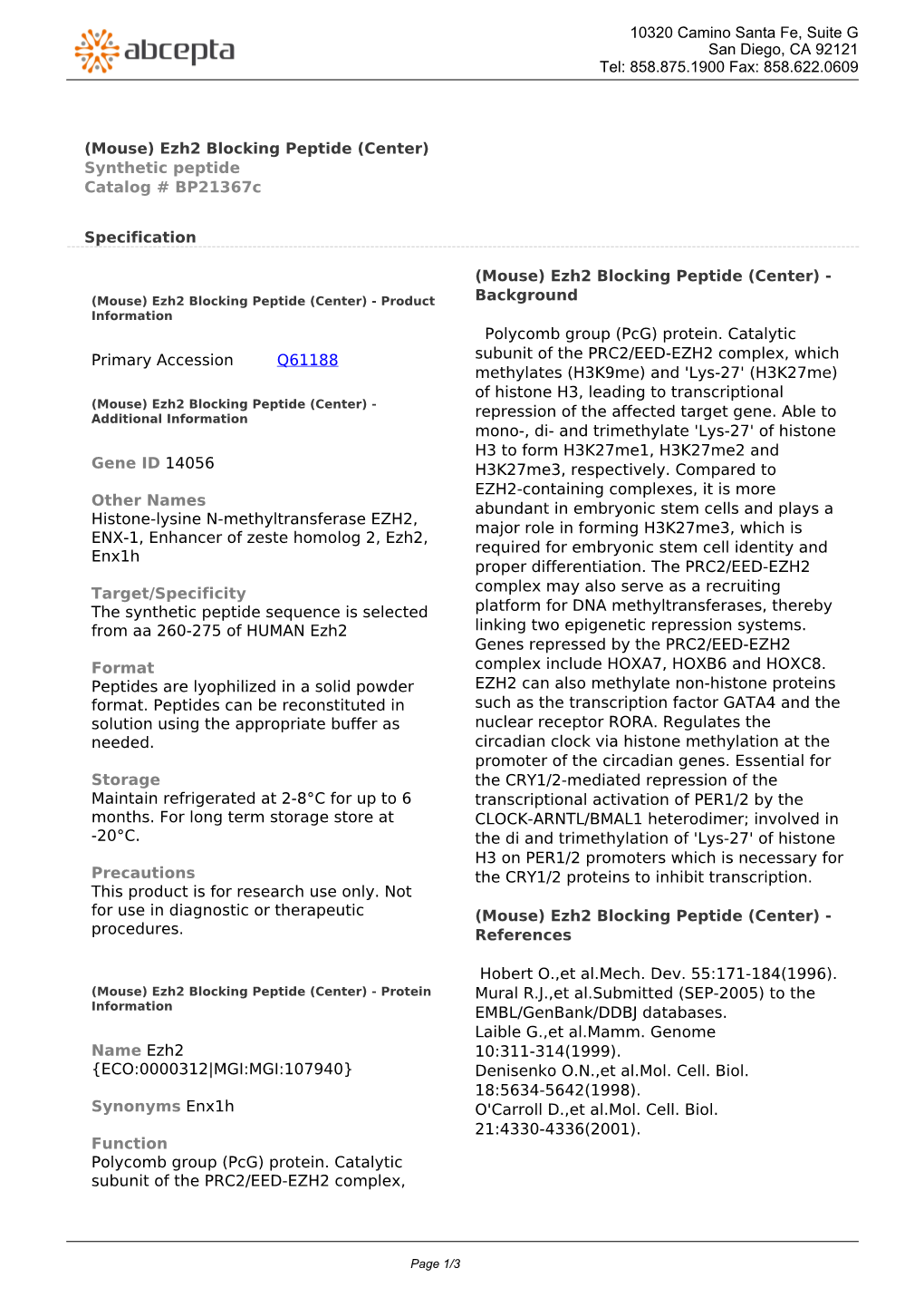 (Mouse) Ezh2 Blocking Peptide (Center) Synthetic Peptide Catalog # Bp21367c