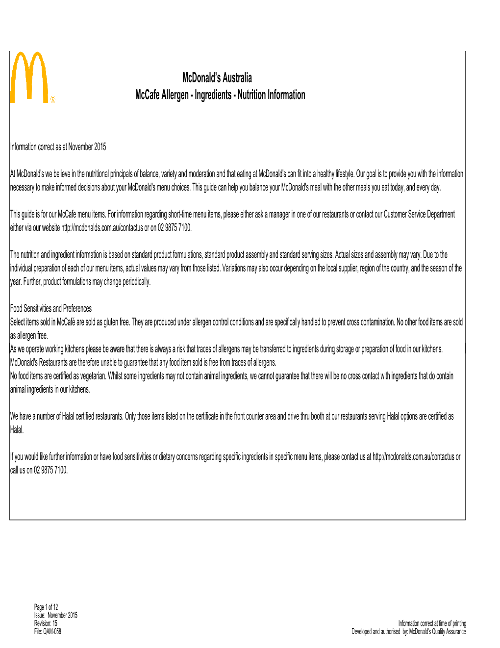 Mccafe Food-AUST-Menu Info November 2015.Xlsx