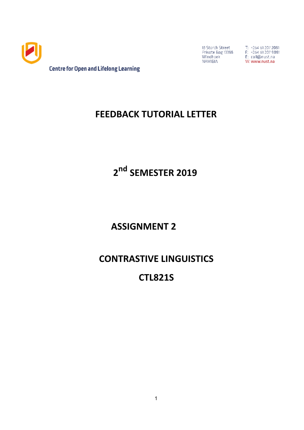 Semester 2019 Assignment 2 Contrastive Linguistics Ctl821s