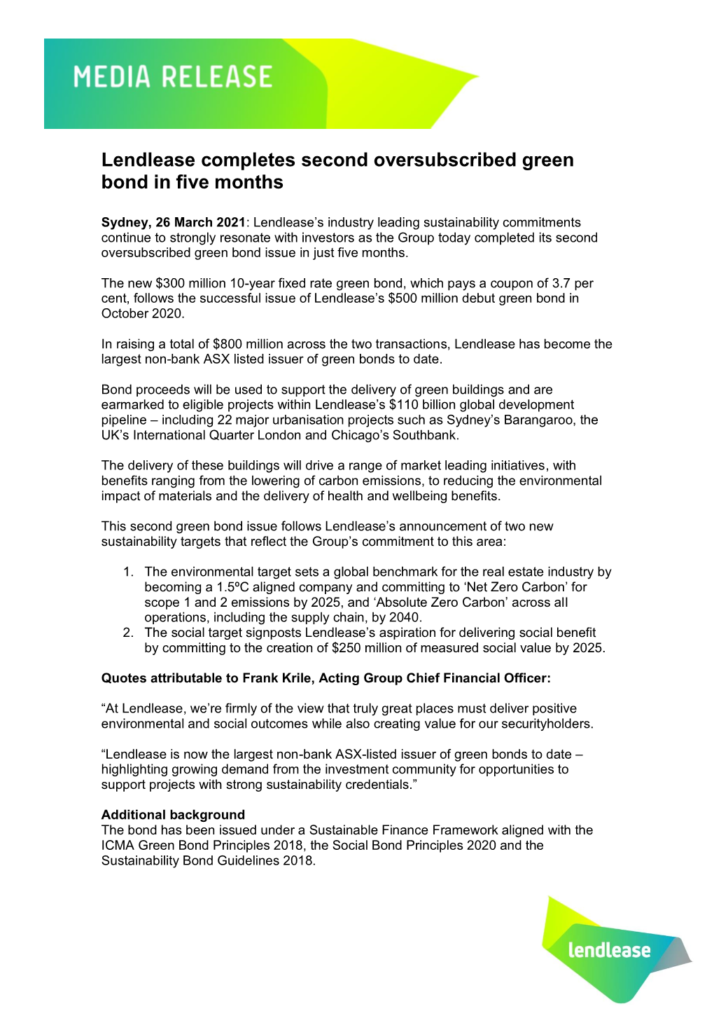 Lendlease Completes Second Oversubscribed Green Bond in Five Months