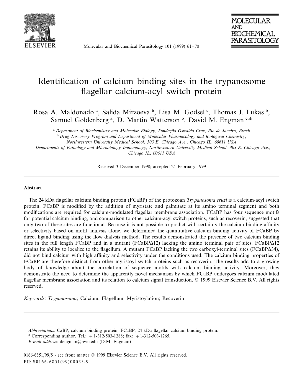 Identification of Calcium Binding Sites in the Trypanosome Flagellar