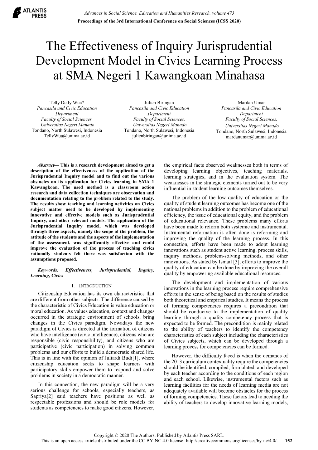 The Effectiveness of Inquiry Jurisprudential Development Model in Civics Learning Process at SMA Negeri 1 Kawangkoan Minahasa