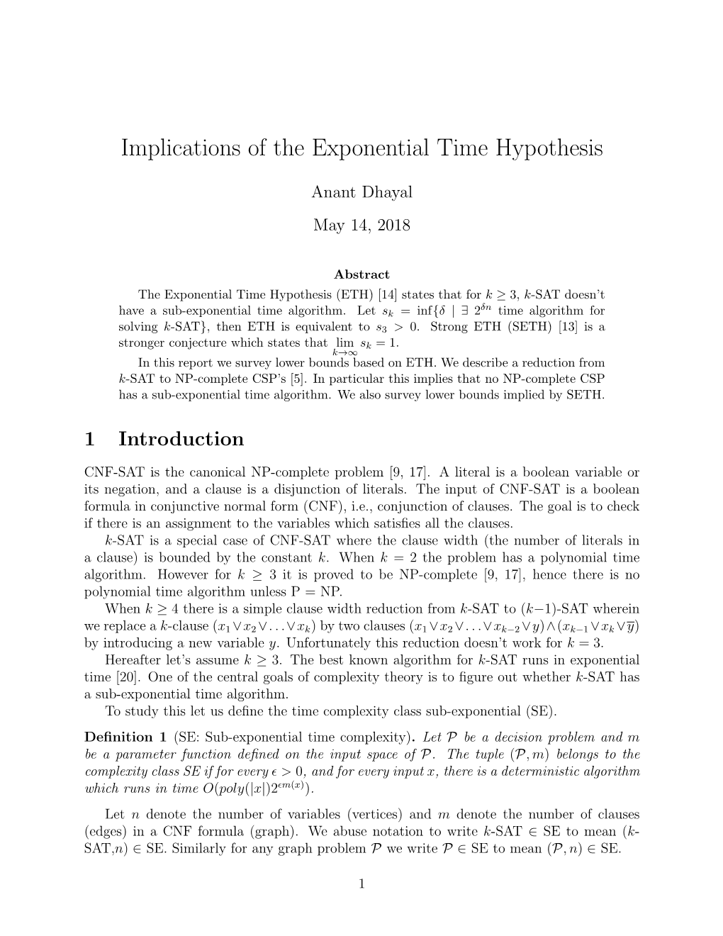 Implications of the Exponential Time Hypothesis