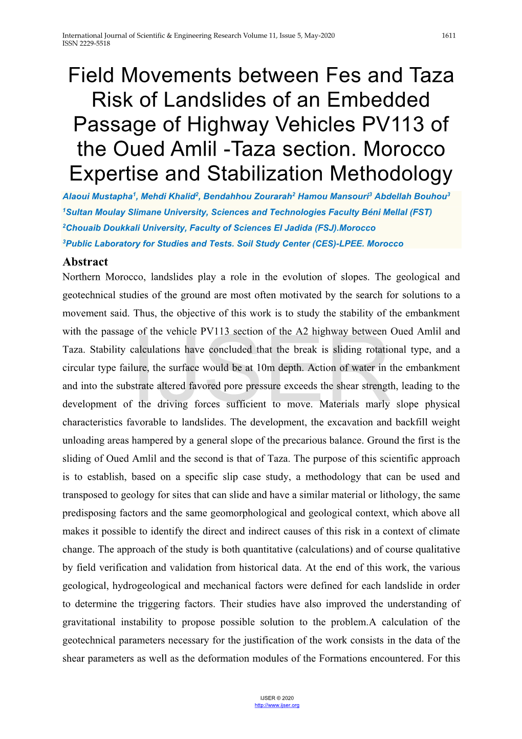 Field Movements Between Fes and Taza Risk of Landslides of an Embedded Passage of Highway Vehicles PV113 of the Oued Amlil -Taza Section